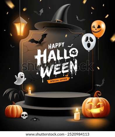 Happy Halloween sale black podium, bright lamp, pumpkin, bat flying, balloon, poster flyer design on sign black background, Eps 10 vector illustration