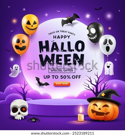 Happy Halloween purple podiums, smile pumpkin, ghosts, candle, balloons and bat flying, poster flyer design on purple background, Eps 10 vector illustration