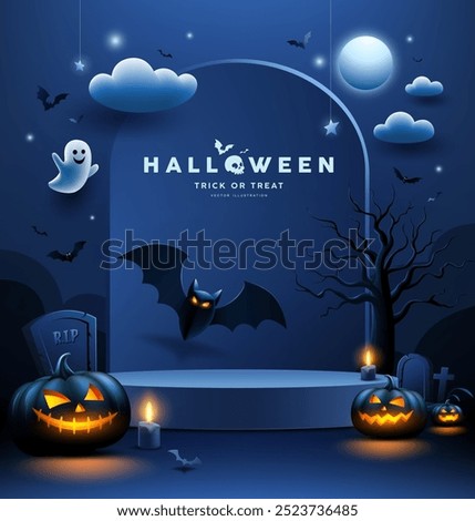 Halloween podium dark blue color, bat flying, Scary pumpkin, ghost, candle, poster flyer design on cloud and moon dark blue background, Eps 10 vector illustration
