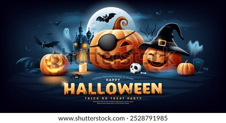 Happy Halloween text design, celebrate festival, 31october, pumpkins, ghost, bat flying, candle, moonnight, banner design on dark blue background, Eps 10 vector illustration 