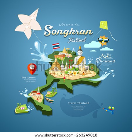 Songkran Festival in Thailand with kite, water, pagoda sand and travel on map thailand, design background, vector illustration