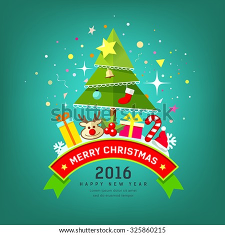 Merry Christmas Tree And Happy New Year Design Colorful Background