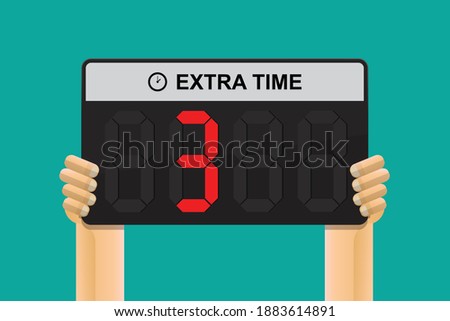 Hand holding extra time panel referee shows 3 minutes,vector illustration.