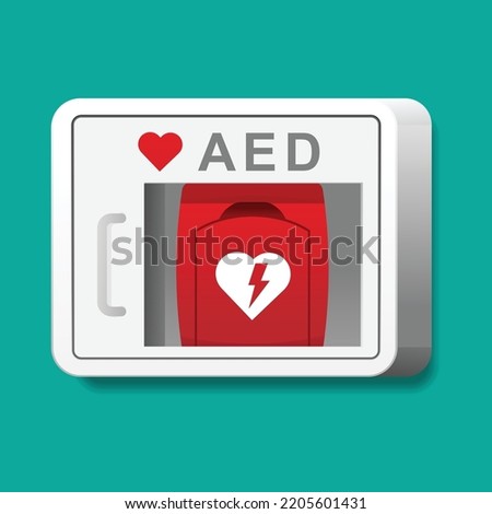 Automated External Defibrillator (AED) in white box on the wall Is an emergency pacemaker device for people with cardiac arrest.