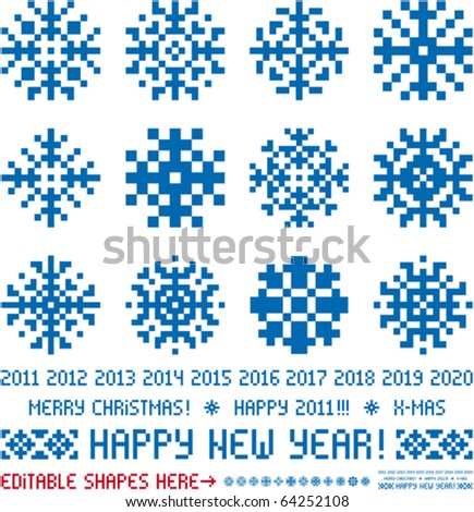 Snowflakes in pixel style (Vector). Christmas and New Year greetings 2011-2020