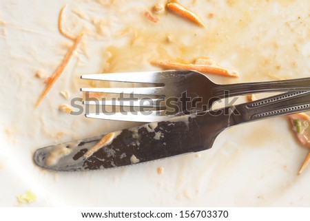 Empty dish after eat\' knife and fork on dish background