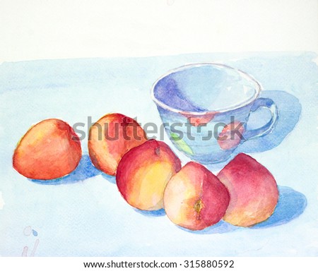 peach and cup still life  watercolor painted illustration with copy space for text