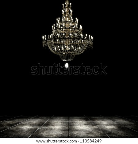 Image of grunge dark room interior with chandelier. Background