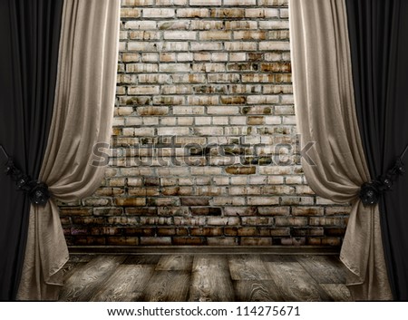 room interior vintage with brick wall and wood floor with curtains. background