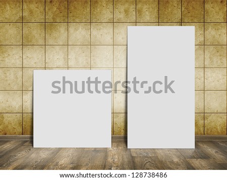mosaic room, gold background with wood floor and white blank placard
