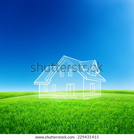 House sketch hand draw over blue sky with green field