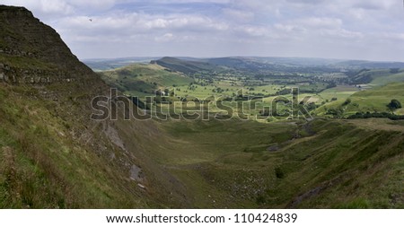 A view of the hope valley from the slopes of Mam Tor on a summers day. The scene of Britains largest landslide in 1977.