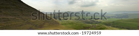Panoramic image of the Hope Valley from Mam Tor in Derbyshire. Peak District. September 2008