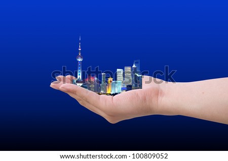 In the palm of the Shanghai skyline night scene