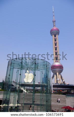 SHANGHAI-MARCH 24: View of the Apple store on March 24, 2012 in Shanghai, Pudong District. This is China\'s second Apple the store opened on July 10, 2010.