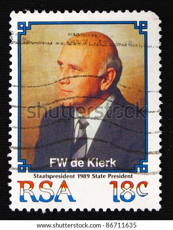 REPUBLIC OF SOUTH AFRICA - CIRCA 1989: A stamp printed in Republic of South Africa shows “Frederik Willem de Klerk”, circa 1989