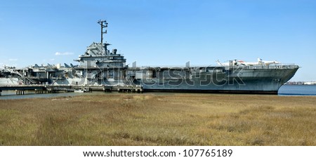 CHARLESTON, SOUTH CAROLINA; UNITED STATES - FEBRUARY 16, 2007: Yorktown Aircraft Carrier docked on the Cooper River near the Ravenel Bridge on February 16, 2007 in Charleston, South Carolina.
