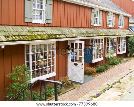 Rustic country store fronts in Peddlers Village, Pennsylvania.