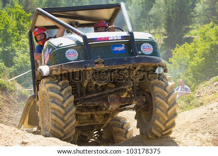 MOHELNICE, CZECH REPUBLIC - MAY 20. Close up view of truck passes through difficult terrain in the \