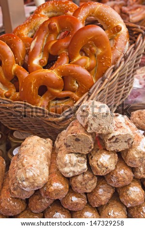 Pretzels in the basket and sweet bakeries on the market