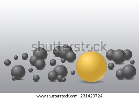 Dark grey balls with shadows on the grey background in the lower part of the figure. Golden bigger ball is between them.