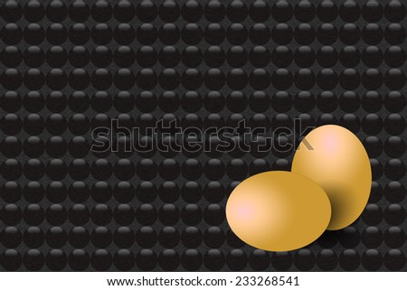 Pattern of black metal background with black balls. Two golden eggs are in the foreground them.