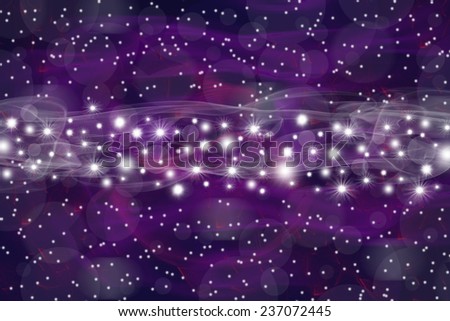 Purple background composed of unfocused colored objects, smoke and lights. Strip of a shining stars is in the middle of the picture.