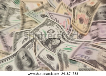 Heap of blurred US dollars banknotes background forming wave