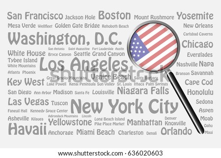 The magnifying glass with the US flag is on the right side of the vector. The background consists of the gray names of the best travel destinations, cities, natural monuments and landmarks of the USA