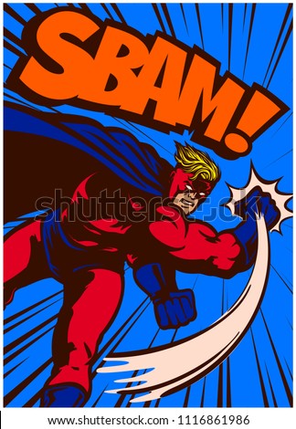 Pop art vintage comics style superhero in action throwing punch and fighting vector illustration