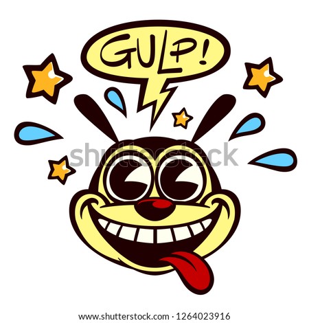 Vintage Toons: 40s style retro pie-eyed excited cartoon character smiling with tongue out and speech bubble saying gulp! vector illustration