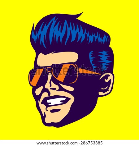 Vintage retro cool dude man face head wearing aviator sunglasses rockabilly pompadour haircut vector