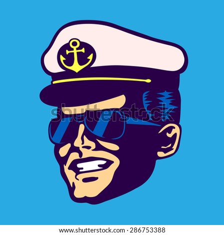 Retro cruise ship captain head with hat and aviator glasses smiling face vintage isolated vector illustration