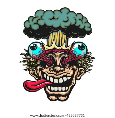 Mind-Blowing! Excited man head blowing up with eyes popping out and nuclear atomic explosion cartoon vector illustration