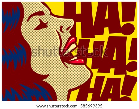 Pop art style comics panel woman laughing out loud vector poster design illustration