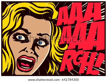 Pop Art style comic book panel with terrified woman in a panic screaming in fear vector poster design illustration