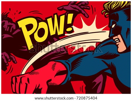 Pop art comic book style panel with superhero fighting, throwing punch and beating super villain vector poster wall decoration illustration