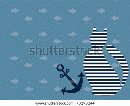 Marine background with the silhouettes of fishes and cat in the striped vest with an anchor.