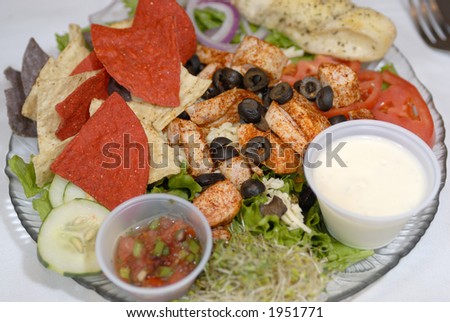 Fiesta red white and blue salad with chips and salsa
