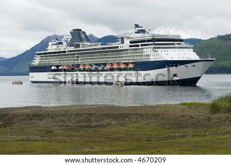 Beautiful large cruise ship boat anchored in Alaska harbor