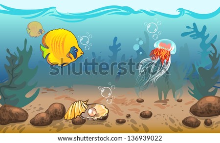 vector illustration. underwater world with marine animals. vector illustration. underwater world with marine animals. fish, shell, jellyfish