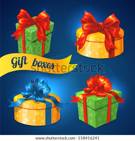 Set of colorful vector gift boxes with bows and ribbons. Holiday presernt. Happy birthday and Merry Christmas boxes
