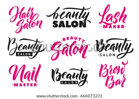 Logo Beauty Salon Lettering Set. Brow Bar and Nail Studio Inscriptions. Lash Maker and Hair Salon Words. Custom handmade calligraphy, vector