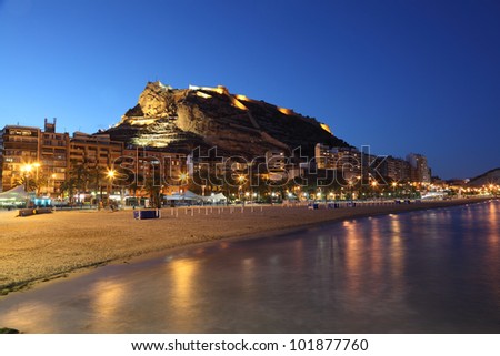 Seaside view of Alicante illuminated at night, Spain