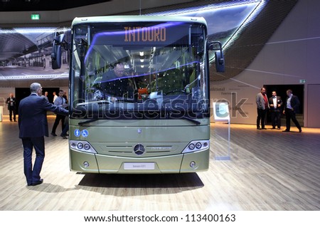HANNOVER - SEP 20: New Mercedes Benz Bus Intouro EEV at the International Motor Show for Commercial Vehicles on September 20, 2012 in Hannover Germany