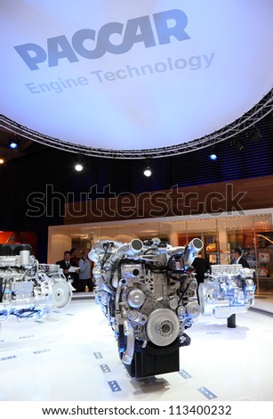HANNOVER - SEP 20: New Paccar Diesel Engines for Trucks at the International Motor Show for Commercial Vehicles on September 20, 2012 in Hannover Germany