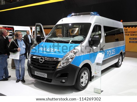 HANNOVER - SEP 20: Opel Movano Police Car at the International Motor Show for Commercial Vehicles on September 20, 2012 in Hannover Germany
