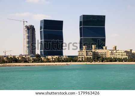 DOHA, QATAR - DEC 16: Zig Zag towers in Doha, Qatar, Middle East. December 16th 2013 in Doha, Qatar, Middle East