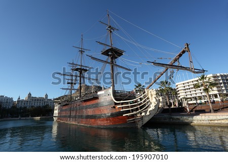 ALICANTE, SPAIN - MAY 2: Santisima Trinidad - spanish ship from XVIII century in the port of Alicante. 2nd May 2012 in Alicante, Province of Valencia, Spain