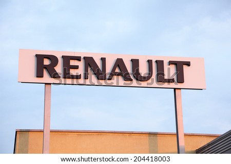 LEIPZIG, GERMANY - JUNE 1: Renault sign at a french car manufacturer dealership. June 1, 2014 in Leipzig, Germany